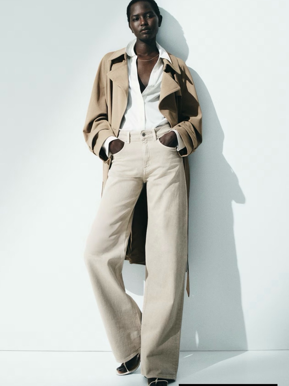 H&M Beige Trench Coat with Cream Wide-Leg Pants